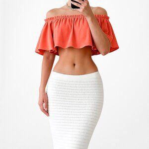 Revolve NBD Orange Off The Shoulder Ruffle Summer Crop Top Blouse Size XS
